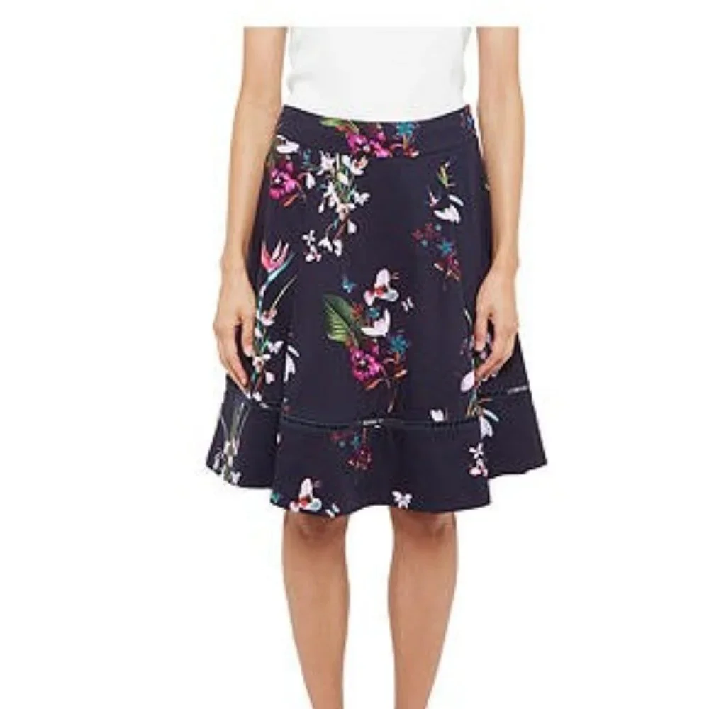 TED BAKER Plio Tropical Oasis Dipped Hem Skirt Navy - Picture 2 of 11